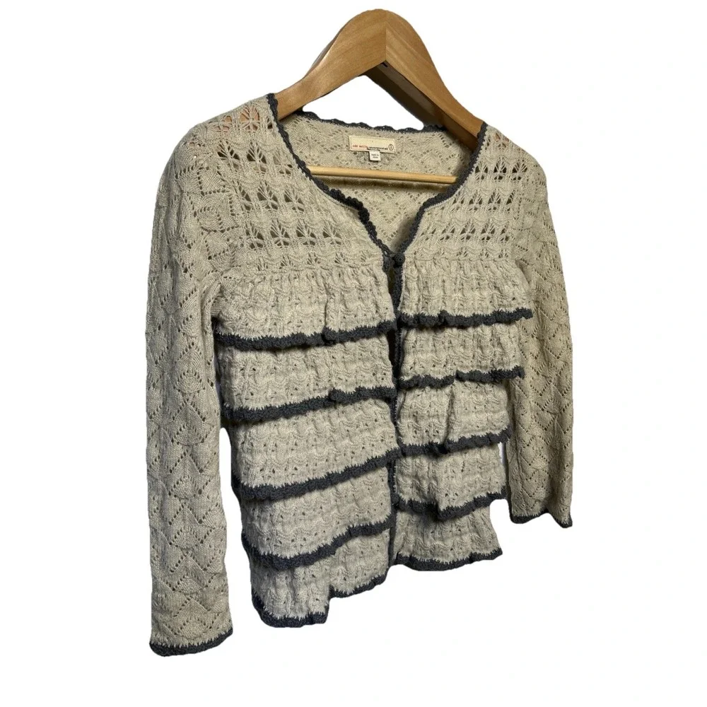 Odd Molly Wool Open‎ Knit Crochet Cardigan Light Beige Gray Size S